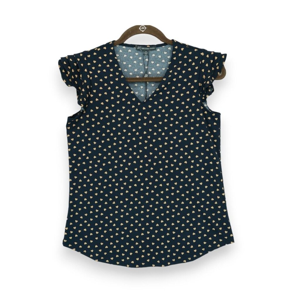 NWT Adrianna Papell‎ Ruffle Sleeve V-Neck Top Hearts Pattern Size XS MSRP $69